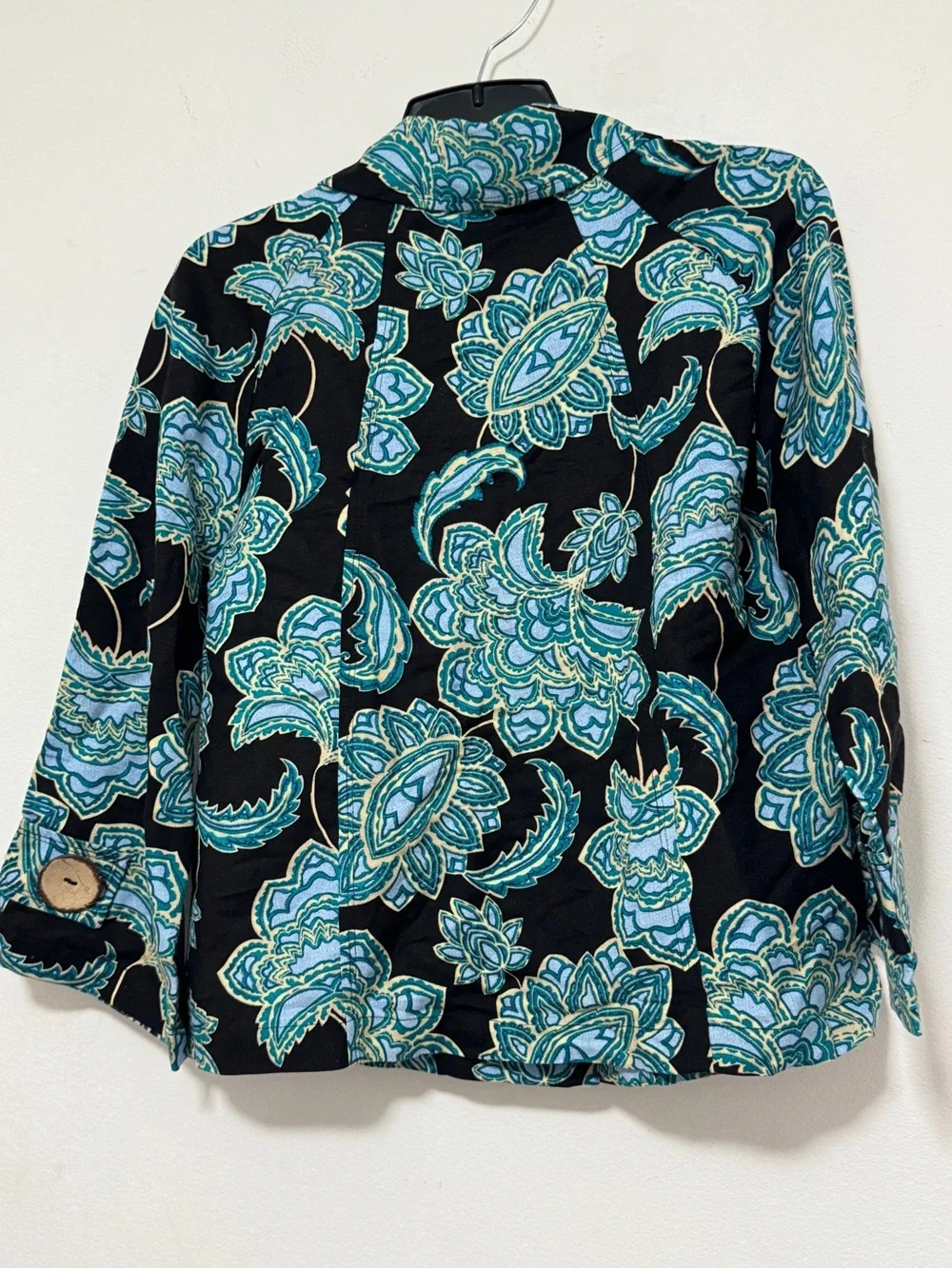 Jaclyn Smith Paisley Linen Blend Blouse Blue Black 3/4 Sleeve Women’s Pocket (S)